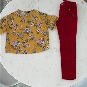 Girls floral top and red velvet bottoms